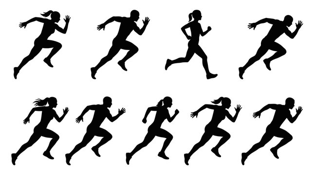 Black and White Silhouettes of Runners in Motion, Sprinting