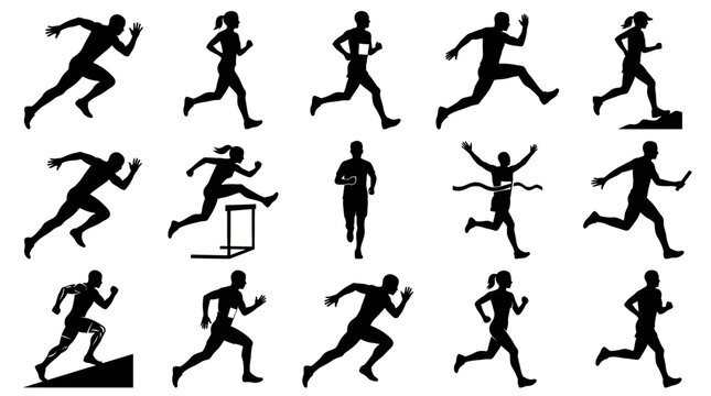 Black and White Silhouette Athletes Running, Hurdles, Relay Race, Track Field Sports