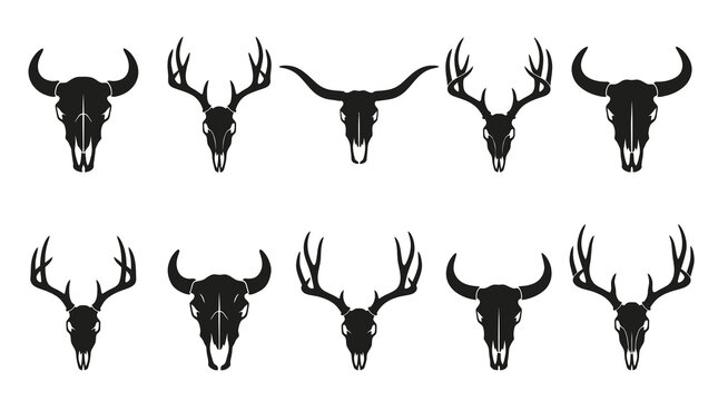 Black  White Skull Icons: Deer, Bull, Animal Symbols Vector Art