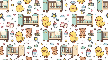 Obraz premium Cute Baby Seamless Pattern with Ducks, Bears, and Cribs - Vector Art