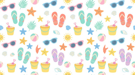Obraz premium Summer Beach Vacation Cartoon Flat Illustration Seamless Pattern