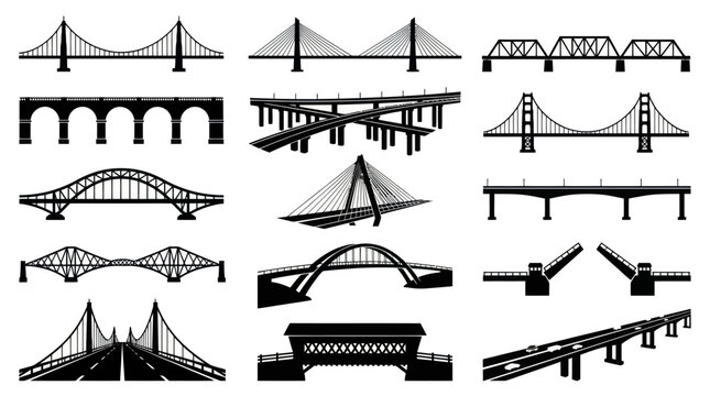 Construction Infrastructure Bridge Icons Set in Black and White Silhouette Vector Style