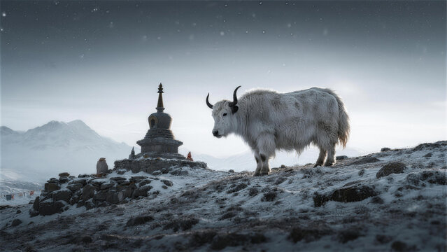High-Altitude Majesty: A majestic yak stands amidst a serene mountain landscape, near a spiritual monument, under a starlit night.