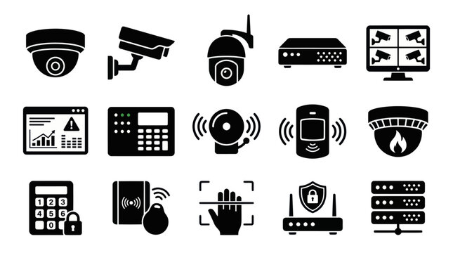 Technology Security System Glyph Icons. Surveillance, Access Control  Safety Devices Set.