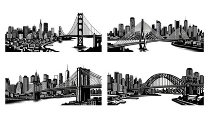 Obraz premium Urban Cityscapes Iconic Bridges Black White Vector Line Art Collection