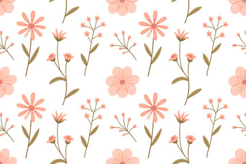 Fototapeta premium A delicate floral pattern featuring pink flowers and green leaves on a white background on transparent background