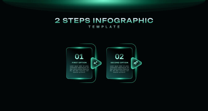 Timeline social media marketing infographic template with 2 step journey in dark neon tech style. Modern presentation graph for business strategy, workflow, and data visualization.