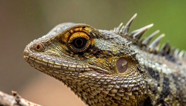 Close-up of an Australian Water Dragons Scaly Head and Eye.