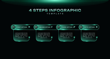 Naklejka premium Timeline social media marketing infographic template with 4 step journey in dark neon tech style. Modern presentation graph for business strategy, workflow, and data visualization.