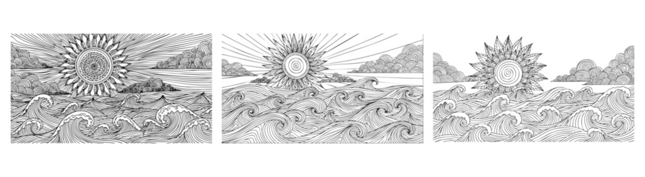Intricate black and white vector illustration of a stylized sun over detailed ocean waves and swirling clouds.