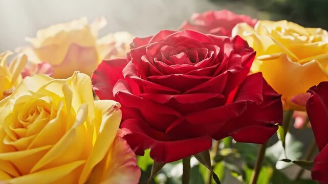 Softly illuminated cluster of yellow red roses in a blooming garden, blending rich ruby petals and creamy golden blossoms with delicate haze, lush foliage, and elegant natural floral abundance