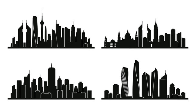 Black  White Flat City Skylines Vector Silhouettes for Urban Travel and Architecture Design