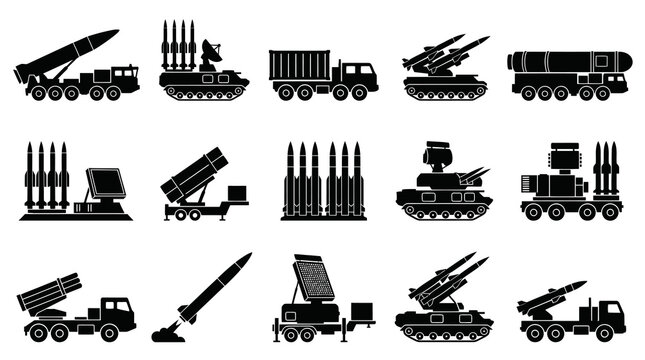 Military Missile Launcher and Defense Weapon Systems Glyph Icons Set