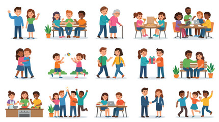 Fototapeta premium Flat Vector Illustration of Social Interactions, Friendship, and Community Life with Diverse People