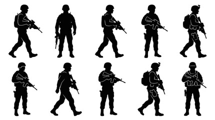Obraz premium Military Soldiers Silhouettes with Weapons Vector Set - Army Security Glyph Illustration