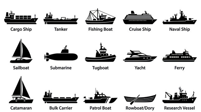 Black  White Ship Icons: Cargo, Tanker, Sailboat, Yacht, Ferry, Research Vessel  More