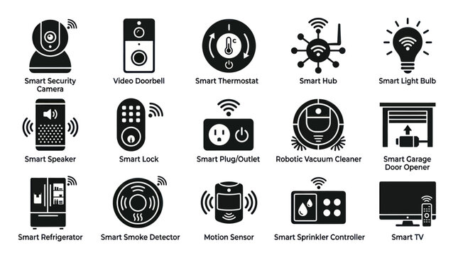 Smart Home Technology Glyph Icons Set: IoT Connected Devices and Automation