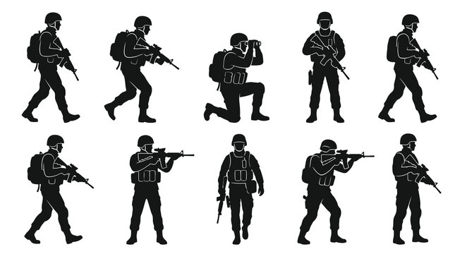 Military Army Soldiers Infantry Silhouette Vector Set with Rifles and Gear