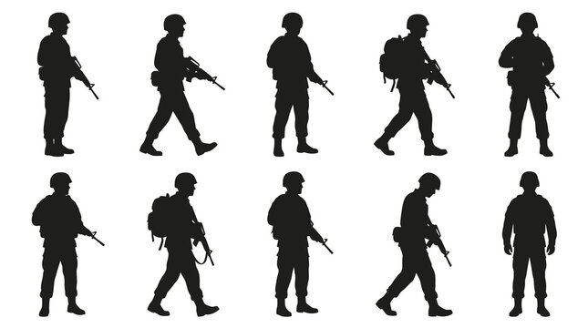 Silhouette soldiers with rifles, military action, vector illustration
