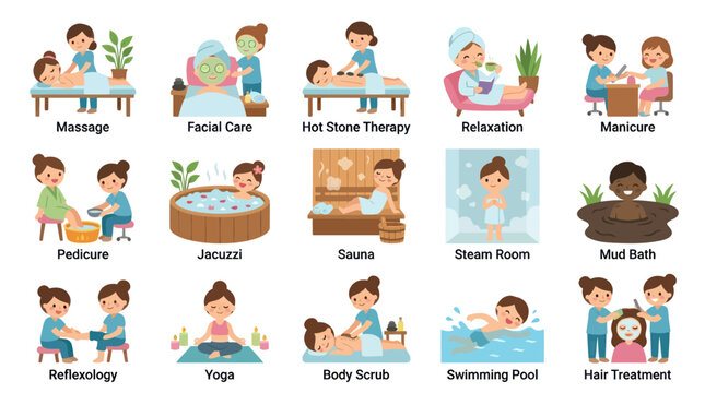 Spa and Beauty Treatments Flat Vector Icons Set. Wellness, Relaxation, and Health Activities
