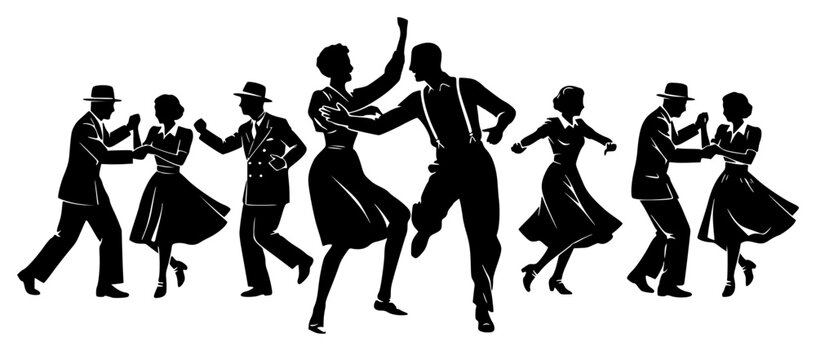 A vector silhouette of couples dancing in a vintage or retro style, evoking a 1950s ballroom atmosphere. This design captures motion, elegance, and classic entertainment.