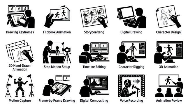 Black and White Glyph Icons Set for Animation Production and Design Process