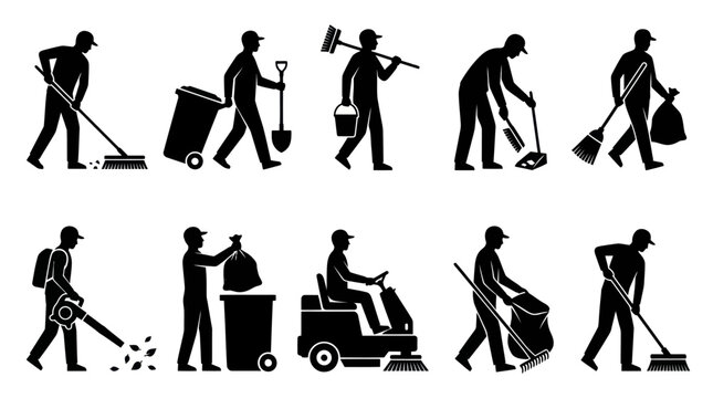 Black and White Silhouettes of Sanitation Workers with Cleaning Tools
