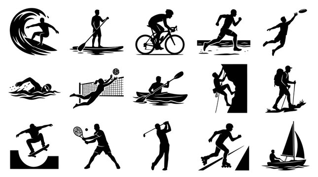 Diverse Sports Silhouettes Vector: Surfing, Cycling, Running, Kayaking, Climbing, Golf, Sailing