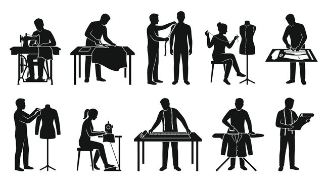 Tailor and Seamstress Silhouette Glyph Icons Set
