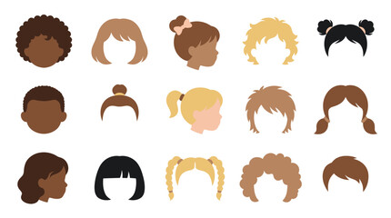 Obraz premium Diverse Kids Hairstyles Flat Vector Icons. Children Heads and Faces for Avatars Profiles.