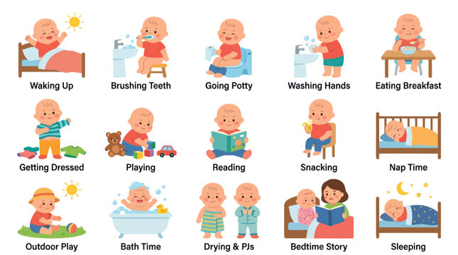 Cute Baby Daily Routine Activities Vector Illustration - Flat Art