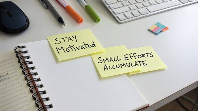 Stay Motivated with Small Efforts Accumulate - Inspirational Quotes on Sticky Notes in a Workspace