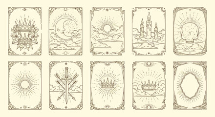 Set of mystical tarot cards with celestial sun moon skull and gothic castle symbols in hand drawn vintage line art vector illustration © Kanon Islam