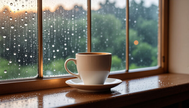 Coffee cup beside window in the rain