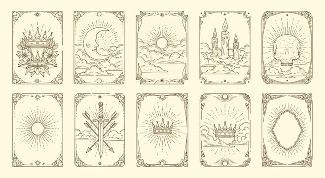 Set of mystical tarot cards with celestial sun moon skull and gothic castle symbols in hand drawn vintage line art vector illustration