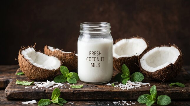 Fresh Coconut Milk in a Glass Jar with Whole Coconuts and Mint Leaves on a Wooden Board