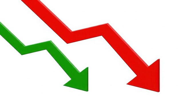 A graphic illustration of two arrows pointing downward in red and green colors