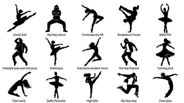Diverse Dance Poses Silhouettes: Ballet, Hip Hop, Contemporary