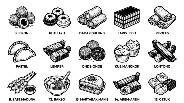 Black and White Hand-drawn Indonesian Traditional Food and Snacks Line Art Icons Set