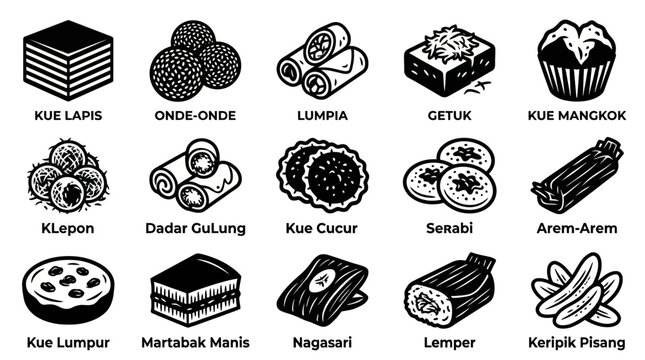 Indonesian Traditional Food  Snacks Icons Set - Black White Line Art Glyph Collection
