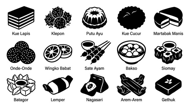 Black  White Line Art Indonesian Traditional Food  Snacks Icons Set