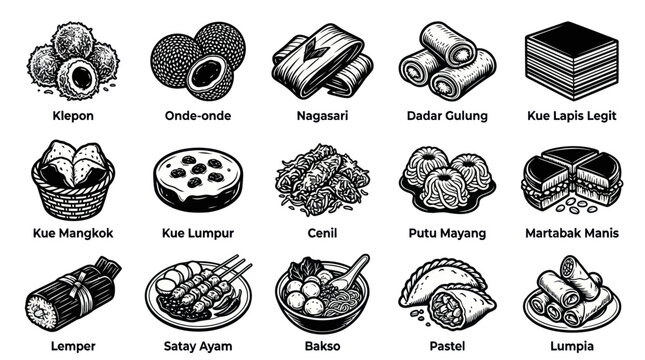 Indonesian Traditional Food  Snacks Black and White Line Art Vector Icons.