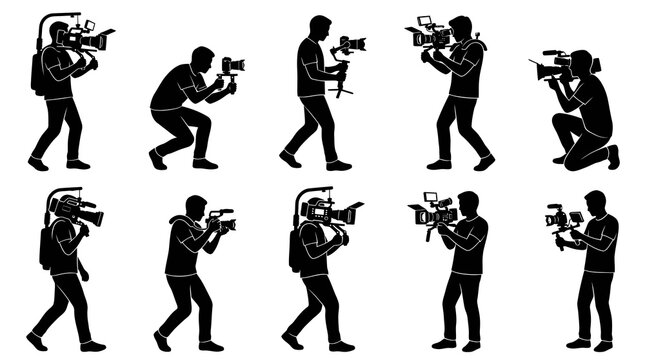 Video Production Crew Silhouettes: Cameraman and Videographer Vector Icons