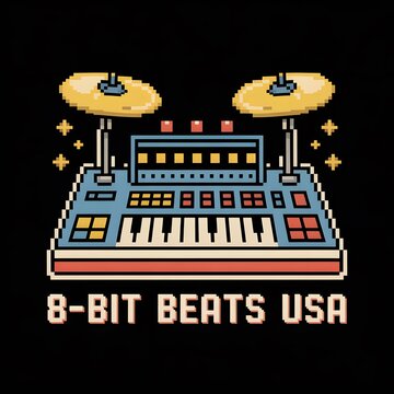 Retro 8-Bit Beats USA &ndash; Pixel Art Drum Machine, Vintage Chiptune Music Synthesizer, 90s Gaming Aesthetic, Lo-Fi Beat Maker Gear, Electronic Musician Apparel, Keyboard & Cymbal Studio Equipment, Funky