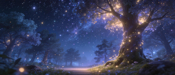 Naklejka premium Enchanted Forest at Night: Witness the magical glow of a mystical forest illuminated by starlight and enchanting lights, creating a dreamlike atmosphere. 