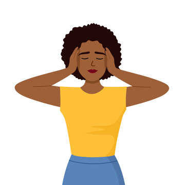 Woman plugs ears with hands, fear of sounds and unpleasant loud noise. Woman covering ears with hands.