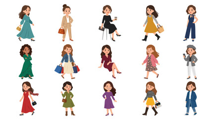 Fototapeta premium Diverse Women Fashion Vector, Flat Style, Collection of Females