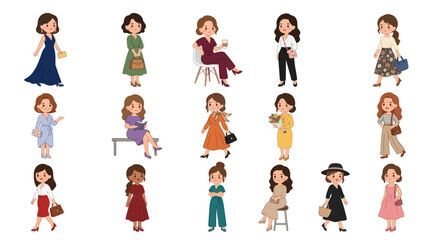 Fototapeta premium Flat vector illustration of diverse women in stylish outfits, diverse styles