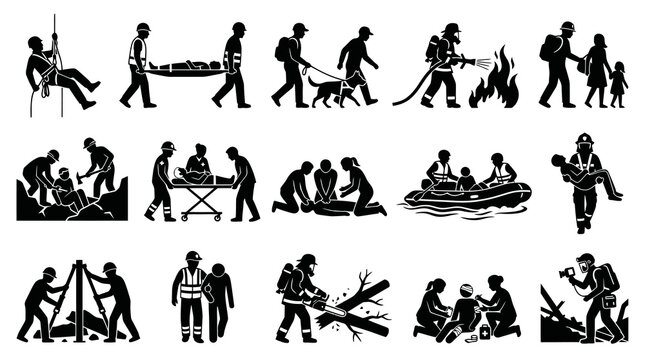 Emergency Rescue and First Responders Glyph Icons Set - Disaster Relief and Safety Services
