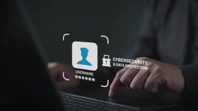 A person using a laptop to login with a username and password. Digital security concept for data protection, privacy, and safety from cyber threats while working online on a computer.